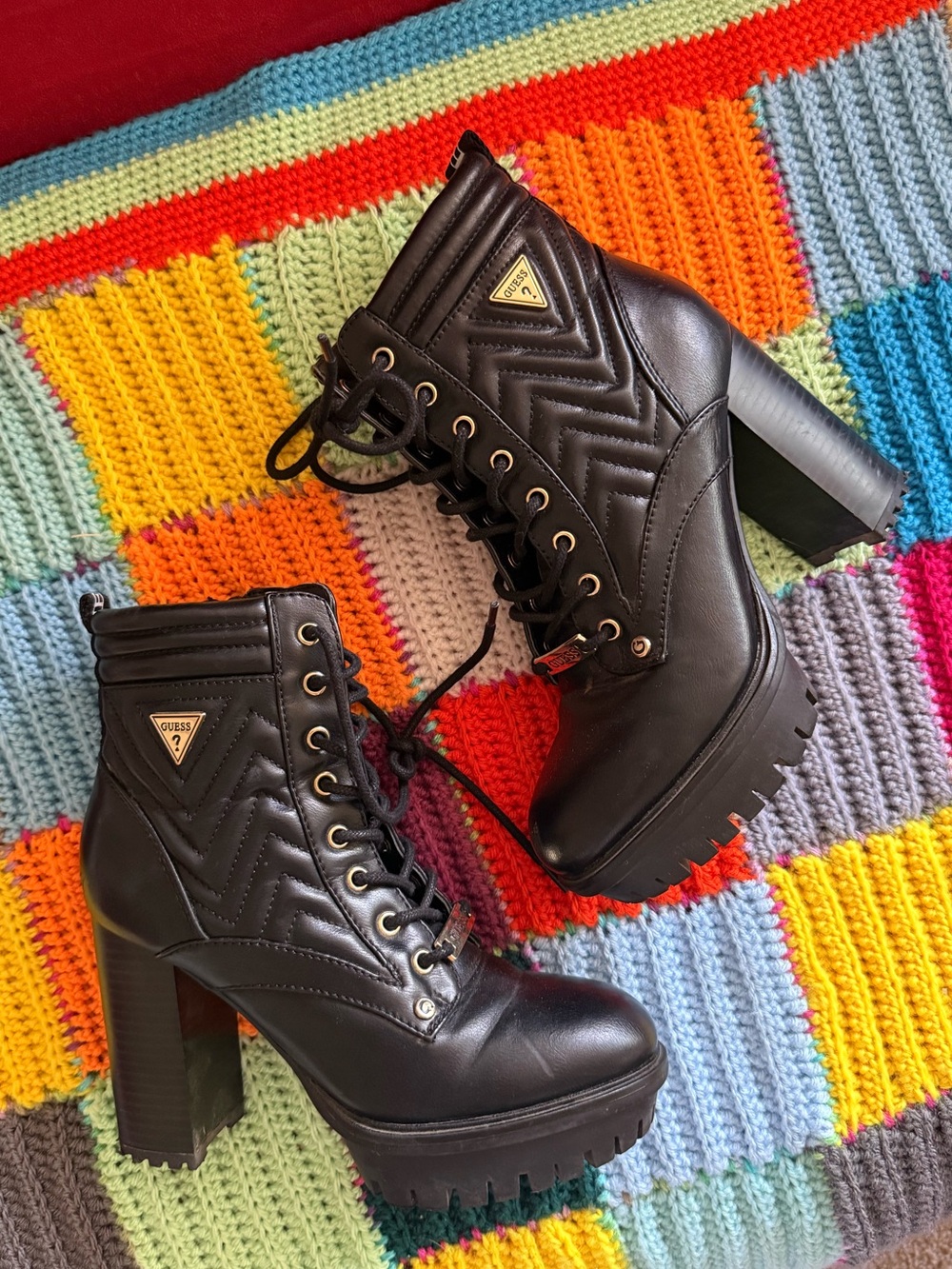 Guess Black Quilted Lace-Up Platform Heel Ankle Boots